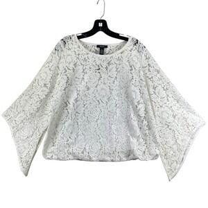 Alfani White Lace Bubble Top Blouse Women's Large Overlay Casual Dressy Top